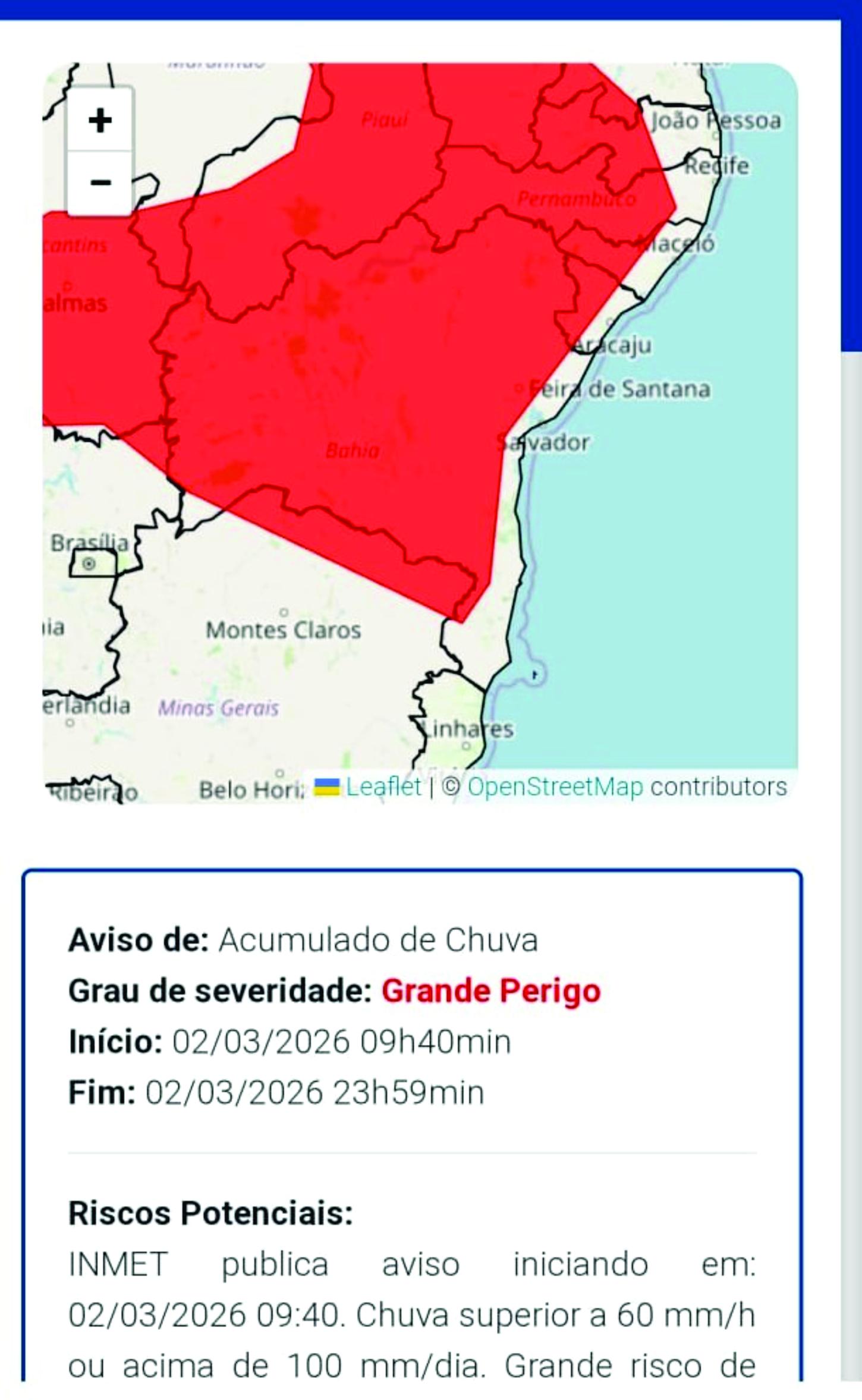 Instituto Nacional de Meteorologia emite alerta de Grande Perigo por acumulado de chuvas na Bahia