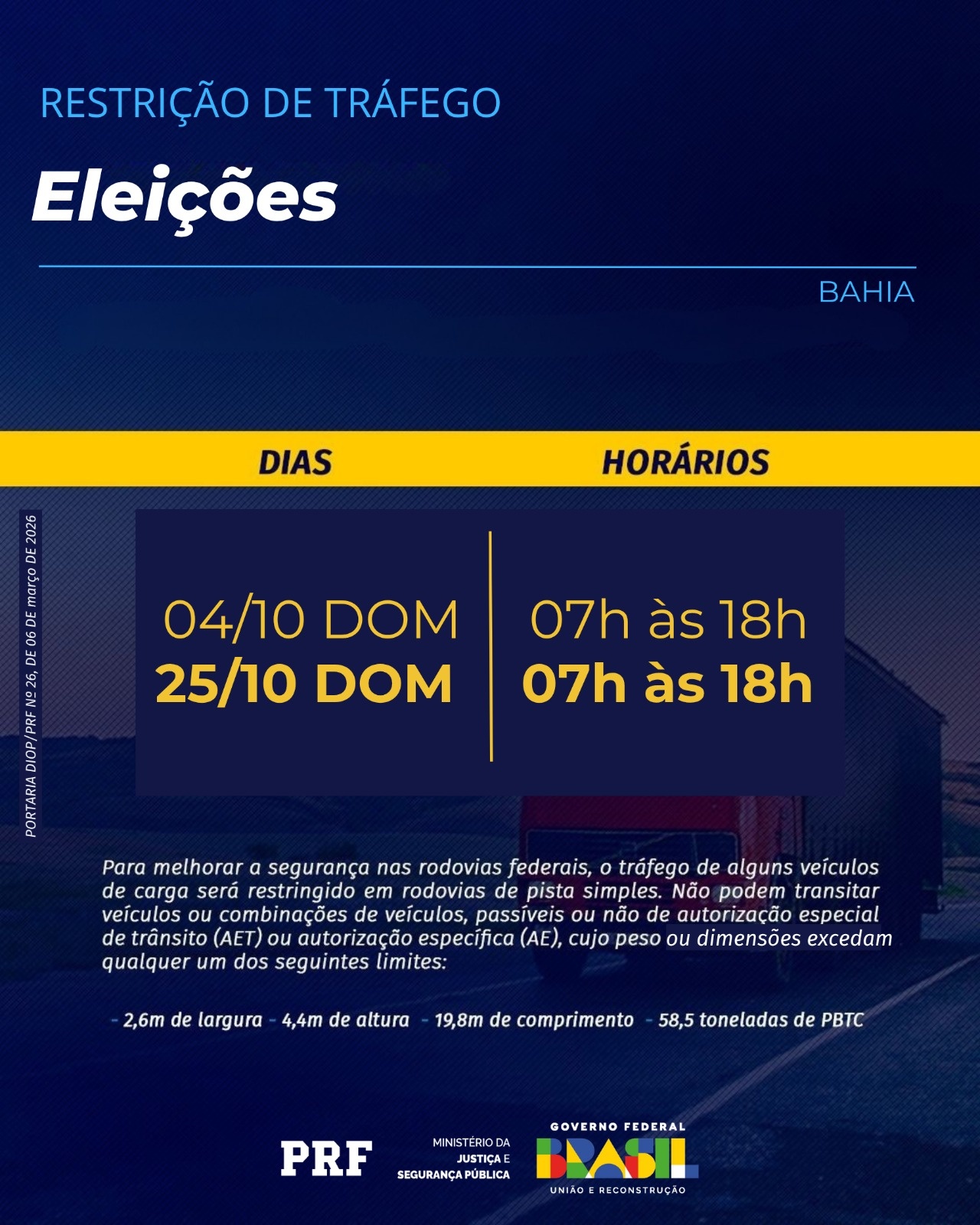 PRF vai limitar tráfego de veículos de carga nas eleições